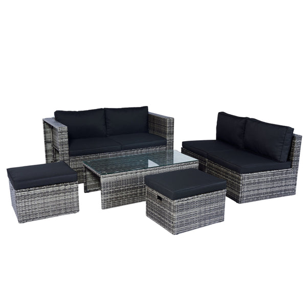 English Elm 6 Piece Patio Wicker Sectional Set with Space-Saving Nesting Design, Steel Frame, Tempered Glass Table and Weatherproof Cushions Grey+Black W329S00054