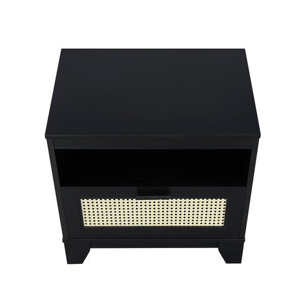 English Elm Sheridan 22" Nightstand with Cane-Style MDF Finish, Full-Extension Drawer, Solid Wood Legs Black B365P398186