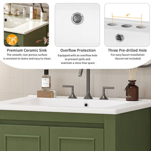 English Elm 24" Vintage Style Small Bathroom Vanity Olive Green with Ceramic Sink, Soft-Close Doors, Shelf (95) N729P292015F
