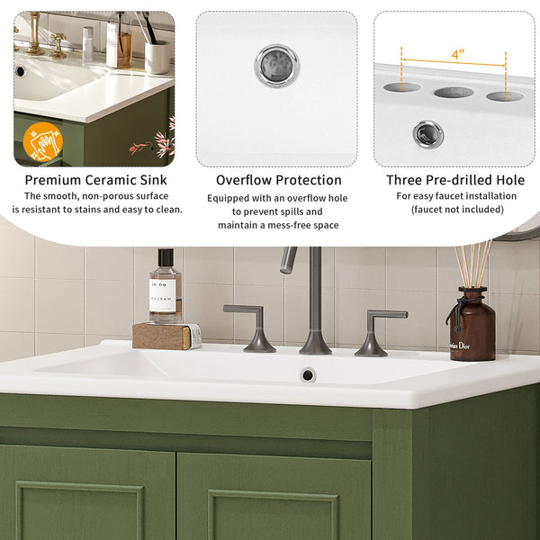English Elm 24" Vintage Style Small Bathroom Vanity Olive Green with Ceramic Sink, Soft-Close Doors, Shelf (95) N729P292015F