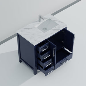 English Elm Navy Bathroom Vanity 36" W x 22" D with Right-Offset Carrara Top, Chrome Faucet, Soft-Close Storage B2731P259054