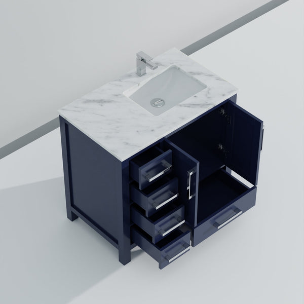 English Elm Navy Bathroom Vanity 36" W x 22" D with Right-Offset Carrara Top, Chrome Faucet, Soft-Close Storage B2731P259054