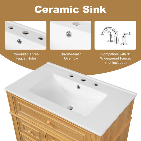 English Elm 30" Pine Wood Bathroom Vanity with Ceramic Sink Soft Close Drawers and Vintage Knobs N725P375498N