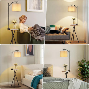 English Elm Floor Lamp with Built-in Side Table Usb Charging Remote Dimming for Living Room Black W3355P440804