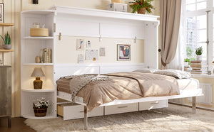 English Elm Full Size Murphy Wall Bed with Side Cabinets Three Drawers and Shelving for Small Spaces White W1580S00450