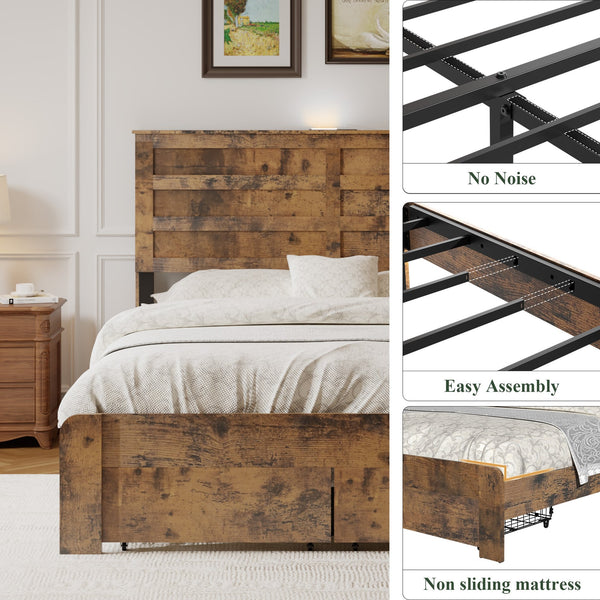 English Elm Full-size Storage Platform Bed Weathered Wood Usb Charging Headboard and Under Drawer W636P430758