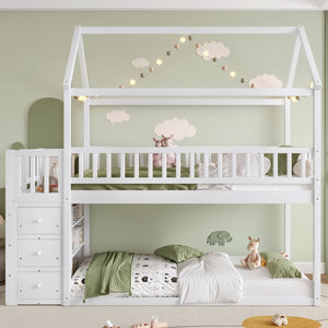English Elm Twin/twin House Bunk Bed Solid Pine Playhouse Frame with Storage Drawers Shelves White W697S00032