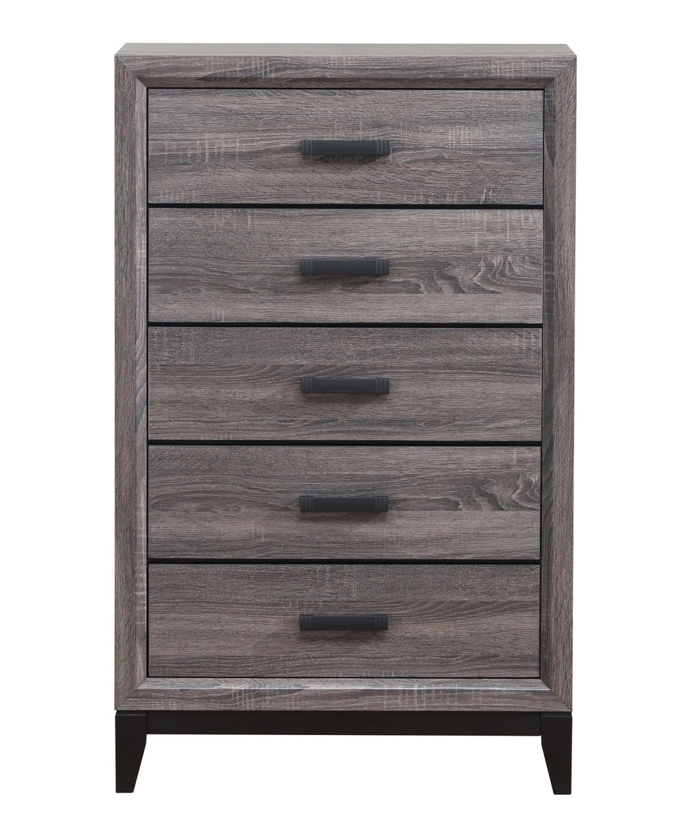 English Elm MIRAGE Solid Wood Chest with 5 Smooth-Glide Drawers, Foil Finish and Matte Black Hardware accents Black+ Gray 33.31 L x 18.58 W x 48.74 H B201P226158