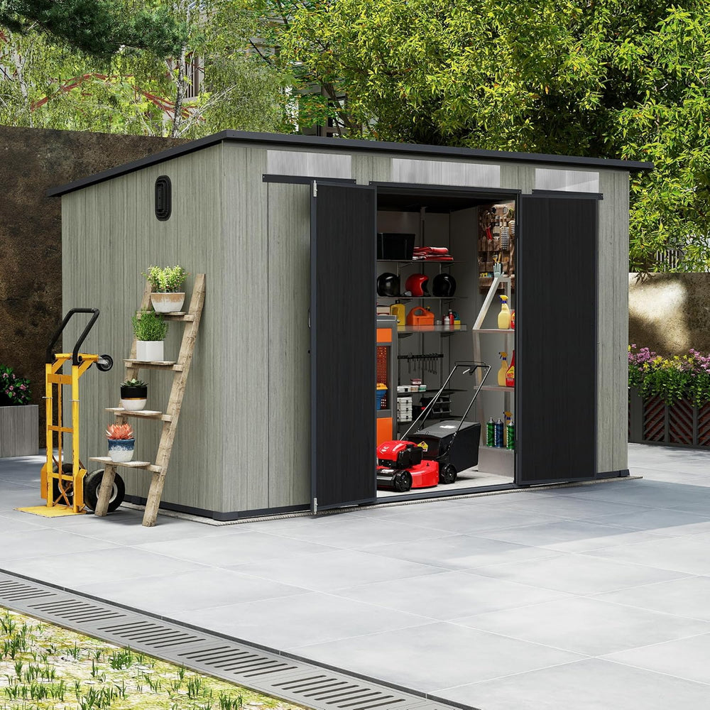 English Elm 6x11ft Outdoor Resin Shed Lockable Doors Skylight Vents Rust Proof Backyard Storage W1859S00175