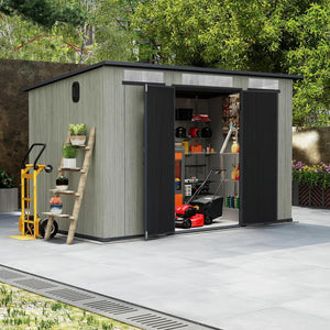 English Elm 6x11ft Outdoor Resin Shed Lockable Doors Skylight Vents Rust Proof Backyard Storage W1859S00175