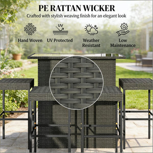 English Elm Bar Height Outdoor Wicker Patio Set with Tempered Glass Table and Four Stools Dark Gray T3971S00211