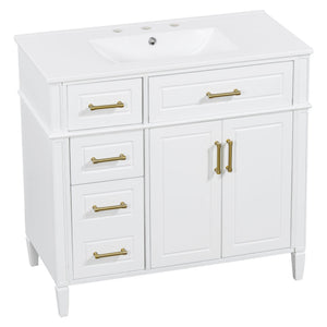 English Elm 36 Inch Freestanding Bathroom Vanity Sage Pine Cabinet Gold Hardware Ceramic Sink White N725P366466K