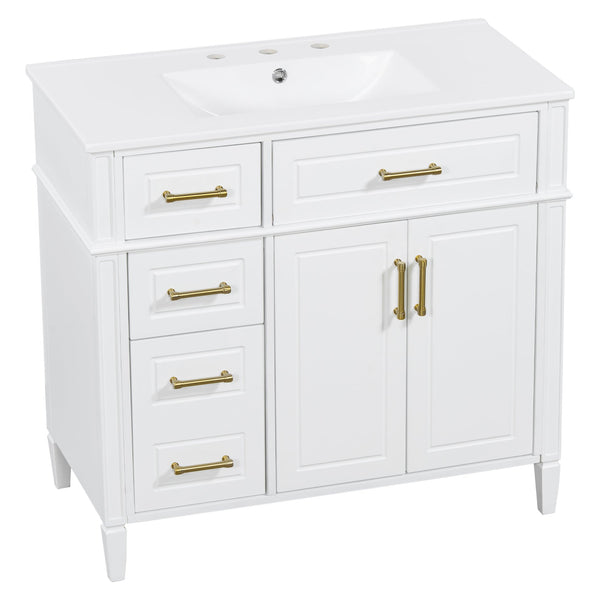 English Elm 36 Inch Freestanding Bathroom Vanity Sage Pine Cabinet Gold Hardware Ceramic Sink White N725P366466K