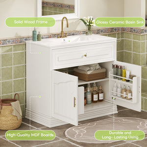 English Elm 36" Luxurious Bathroom Vanity with Ceramic Sink and Soft-Close Doors, Solid Wood Frame, Adjustable Shelves White N710P288944K