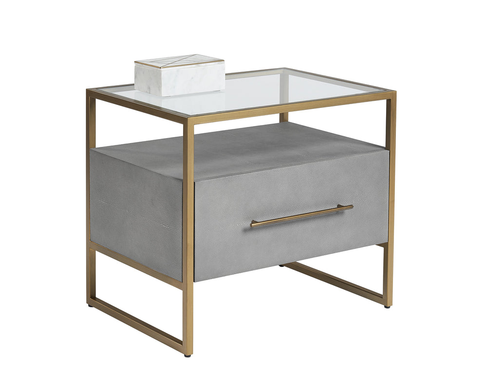 Sunpan Venice Nightstand – Glamorous Acacia Wood Design with Tempered Glass Top and Antique Brass Hardware Grey Shagreen