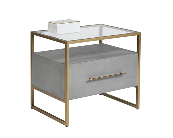 Sunpan Venice Nightstand – Glamorous Acacia Wood Design with Tempered Glass Top and Antique Brass Hardware Grey Shagreen