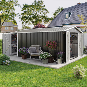 English Elm Campcraft Metal Storage Shed 10x14 Ft with Lockable Doors Vented Sloped Roof Backyard Dark Gray W1598S00051