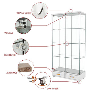 English Elm Modern Glass Display Cabinet With Led Lights & Drawers - Stylish 4-Shelf Storage For Any Room W241S00058