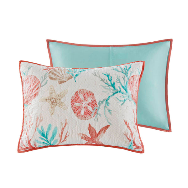 JLA Home Madison Park - 6 Piece Cotton Sateen Quilt Set Pebble Beach Shell & Starfish Pattern with Taupe Reverse, OEKO-TEX Certified Coral MP13-2709