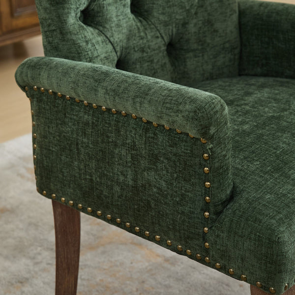 English Elm Upholstered Chenille Accent Dining Chair with Tufted Diamond Back, Curved Solid Wood Legs, Comfortable Support Olive Green W1143P346929