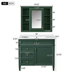 English Elm 36'' Modern Bathroom Vanity With Mirror Cabinet, Soft-Close Doors & Spacious Drawers For Storage SW000134AAF-1