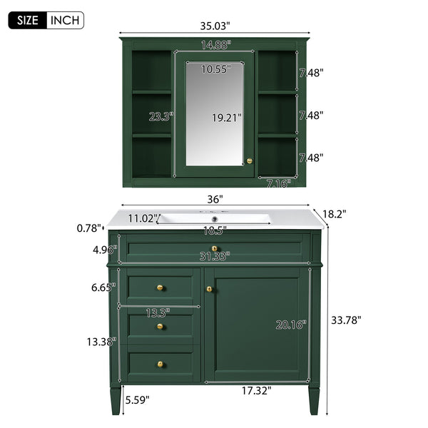 English Elm 36'' Modern Bathroom Vanity With Mirror Cabinet, Soft-Close Doors & Spacious Drawers For Storage SW000134AAF-1