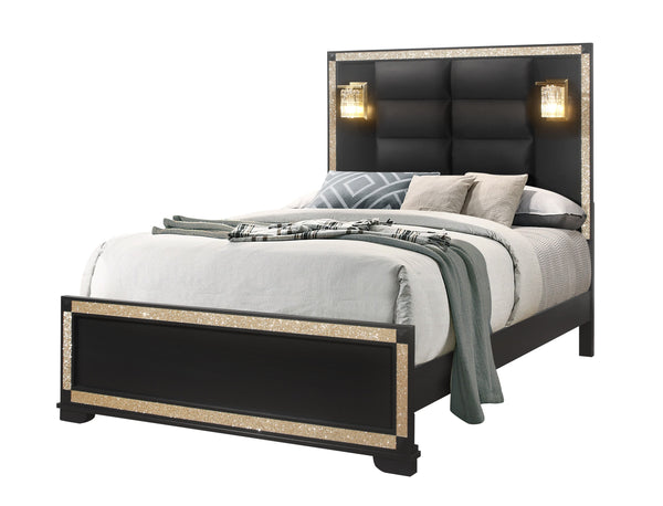 English Elm LIVELY Solid Wood Bed with Padded Headboard and Built-In Lamps, Low Profile Frame & Glitter Accents BLACK/GOLD QUEEN B201S00214