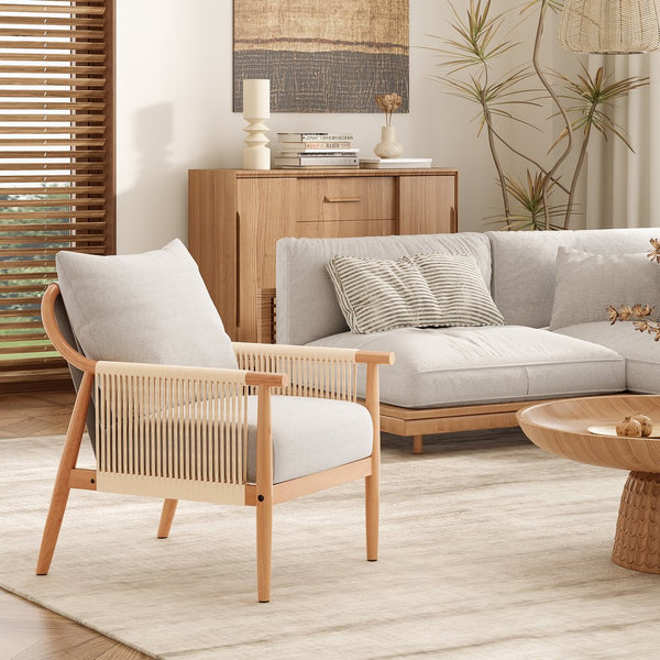 English Elm Braid Armchair Mid Century Modern Linen Wood Accent Chair with Ergonomic Support and Plush Cushioning Beige T3623P409102