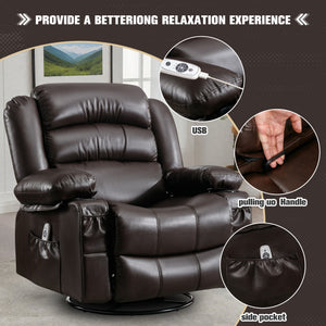 English Elm Massage Swivel Rocker Recliner with Heat Vibration, 360° Rotate, 155° Recline, USB Port, Brown W1521130741