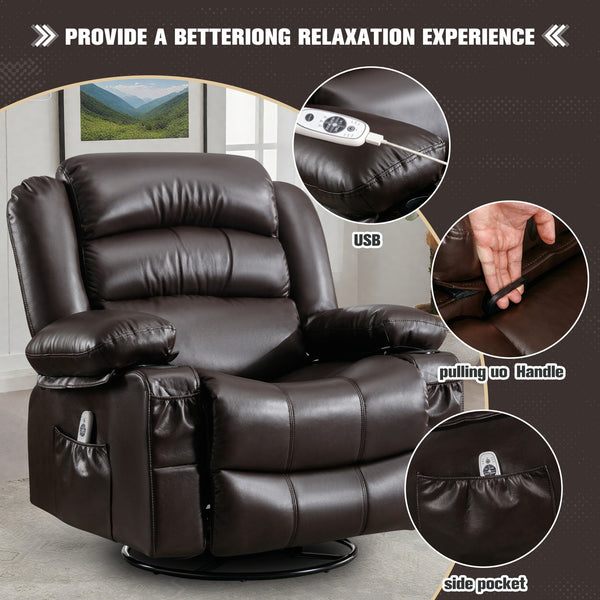 English Elm Massage Swivel Rocker Recliner with Heat Vibration, 360° Rotate, 155° Recline, USB Port, Brown W1521130741