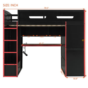 English Elm Full Size Gaming Loft Bed with Rgb Lighting Desk Wardrobe and Built-in Storage Red LT100261AAR