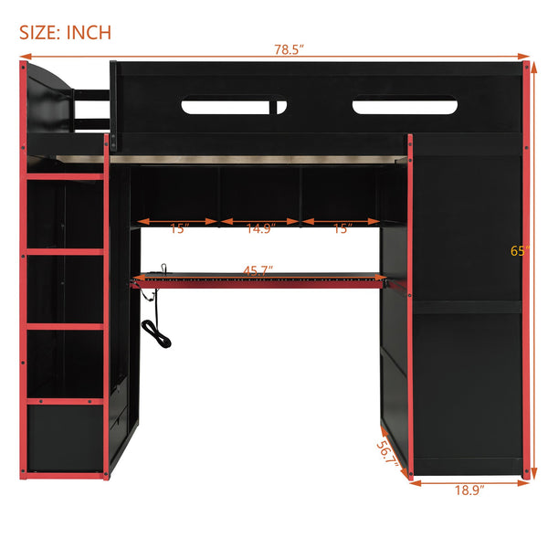 English Elm Full Size Gaming Loft Bed with Rgb Lighting Desk Wardrobe and Built-in Storage Red LT100261AAR