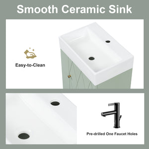 English Elm 20 Modern Wall-Mounted Bathroom Vanity with Ceramic Sink, Diamond Door, Gold Handles & Shelves — Compact Green N725P314033F