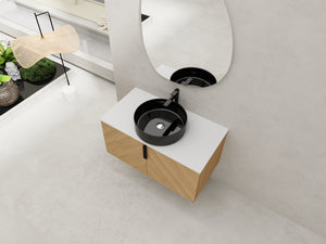 English Elm 36" Modern Wall-Mounted Bathroom Vanity With Ceramic Vessel Sink & Soft-Close Doors, Light Oak Finish W999S00452