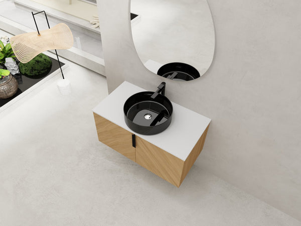 English Elm 36" Modern Wall-Mounted Bathroom Vanity With Ceramic Vessel Sink & Soft-Close Doors, Light Oak Finish W999S00452