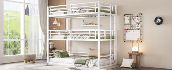English Elm Twin Xl Triple Bunk Bed - Heavy-Duty Metal Frame With Safety Guardrails & Noise-Reduced Design, White W1580S00165-GIGA