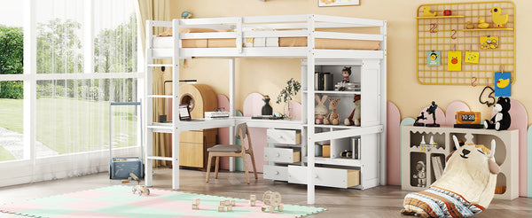 English Elm Full Size Loft Bed With Integrated Desk, Storage Shelves, Drawers & Safe Ladder - Stylish & Space-Saving W504S00161