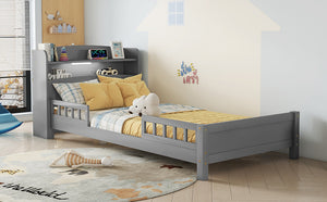 English Elm Twin Pine Wood Bed with Bookcase Headboard LED Motion Sensor Light Guardrails Ample Storage Space Grey W504P277595