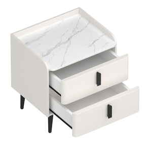English Elm Nightstand with Marble-Pattern Top and Raised Guard, 2 Drawers for Organized Stylish Bedroom Decor White 23.4 L x 18.5 W x 9.06 H N733P332142K