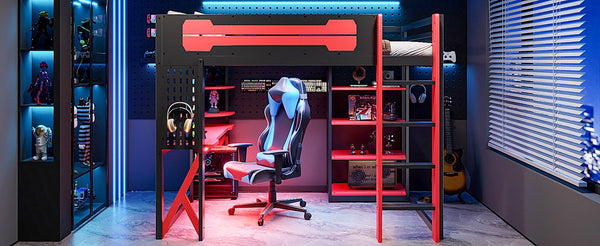 English Elm Full Size Loft Bed with Rgb Lighting Chevron Desk Usb Charging Ports and Storage Shelves Black+Red LT000286AAR