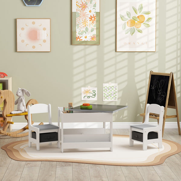 English Elm Qaba Kids Table and Chair Set with Reversible Blackboard Top, Built-In Storage, Bookshelf for Playroom Grey W2225P200407