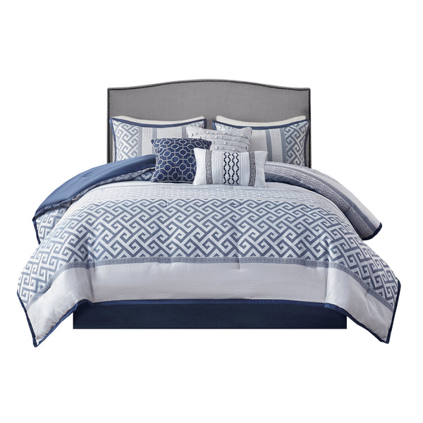 English Elm 7 Piece Jacquard Comforter Set Elegant Striped Geometric Design with Faux Silk Bedskirt & Pillows, Queen Navy 23.62 L x 18.9 W x 17.32 H B03597209