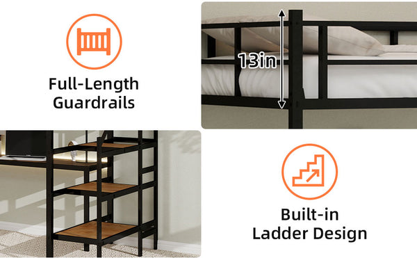 English Elm Loft loft bed with L-shaped desk, built-in storage stairs, 360° guardrail, sturdy iron frame for small rooms Black W1935S00003