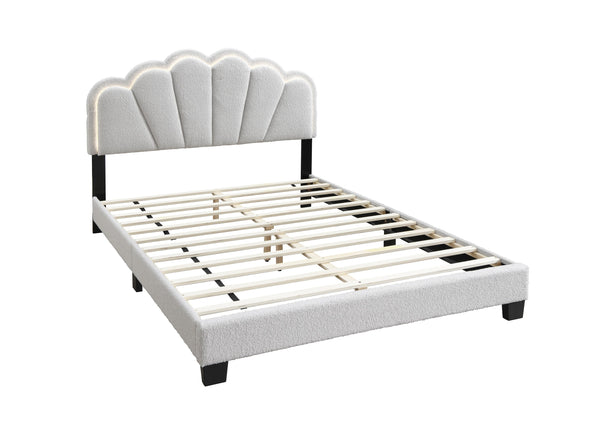 English Elm White Queen Wool Fabric Platform Bed with Scalloped Tufted Headboard, LED Lighting, Fully Upholstered Elegance B011P238976