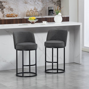 English Elm Counter Height Barstools Set of 2 Linen Upholstered Barrel Seat with Iron Legs Gray W395P410436