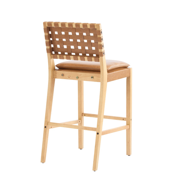 English Elm Christopher Knight Home® - Rieti PU Leather Barstools Set of 2 — Natural Rubberwood Frame, Geometric Crossback, Riveted Accents N775P271408B