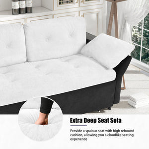 English Elm Convertible Pull Out Sofa Bed Queen Size with Steel Frame, Dual Armrests, Chenille Sleeper Couch with Storage and Casters White+Black W3163P269663