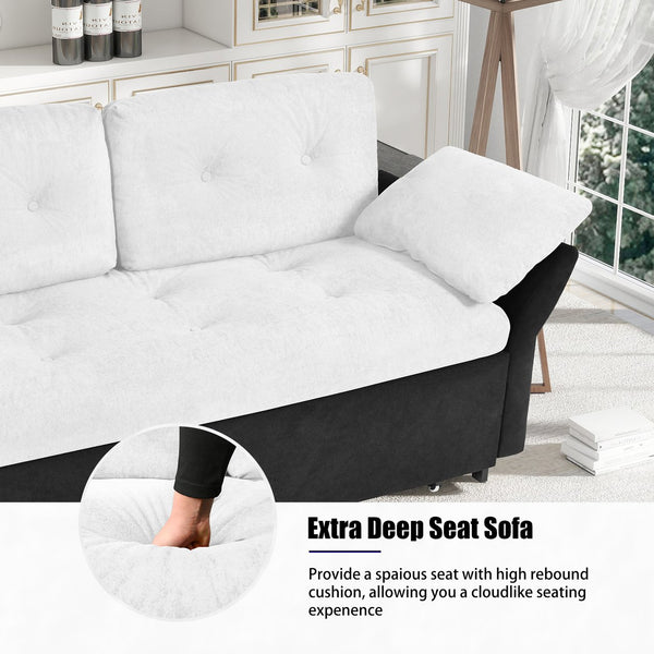 English Elm Convertible Pull Out Sofa Bed Queen Size with Steel Frame, Dual Armrests, Chenille Sleeper Couch with Storage and Casters White+Black W3163P269663