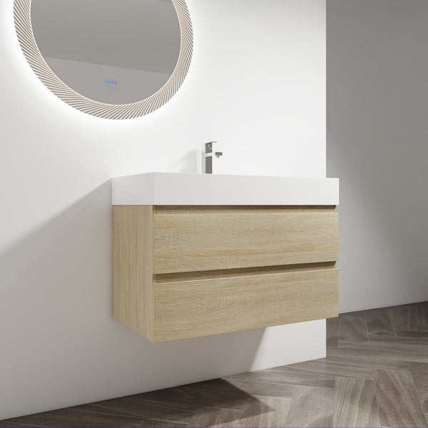 English Elm 36" Wall-Mounted Bathroom Vanity With Resin Sink & Soft-Close Drawers For Modern Spaces W999S00198