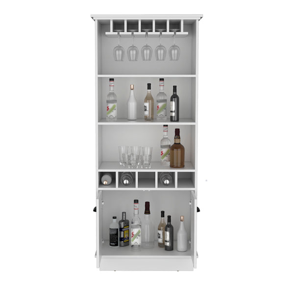 English Elm Dundee Tall White Bar Cabinet with Glass Panel Doors Open Cubbies and Display Shelves B200S00385